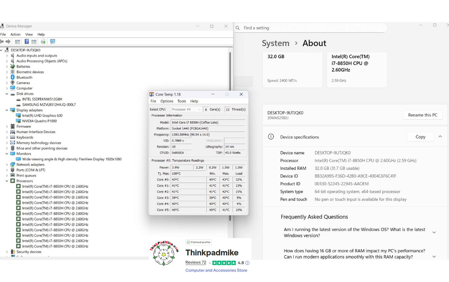 Lenovo ThinkPad P52 i7 *6 CORE* 8850H 2.6Ghz 32GB RAM 2 x 512GB IPS B\L KB NVIDIA P1000 (1249)