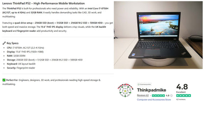 Lenovo ThinkPad P52 i7 *HEX CORE* 8750H 2.20Ghz 32GB RAM 256GB+512GB+256GB+500GB IPS B\L KB NVIDIA P1000 (1097)