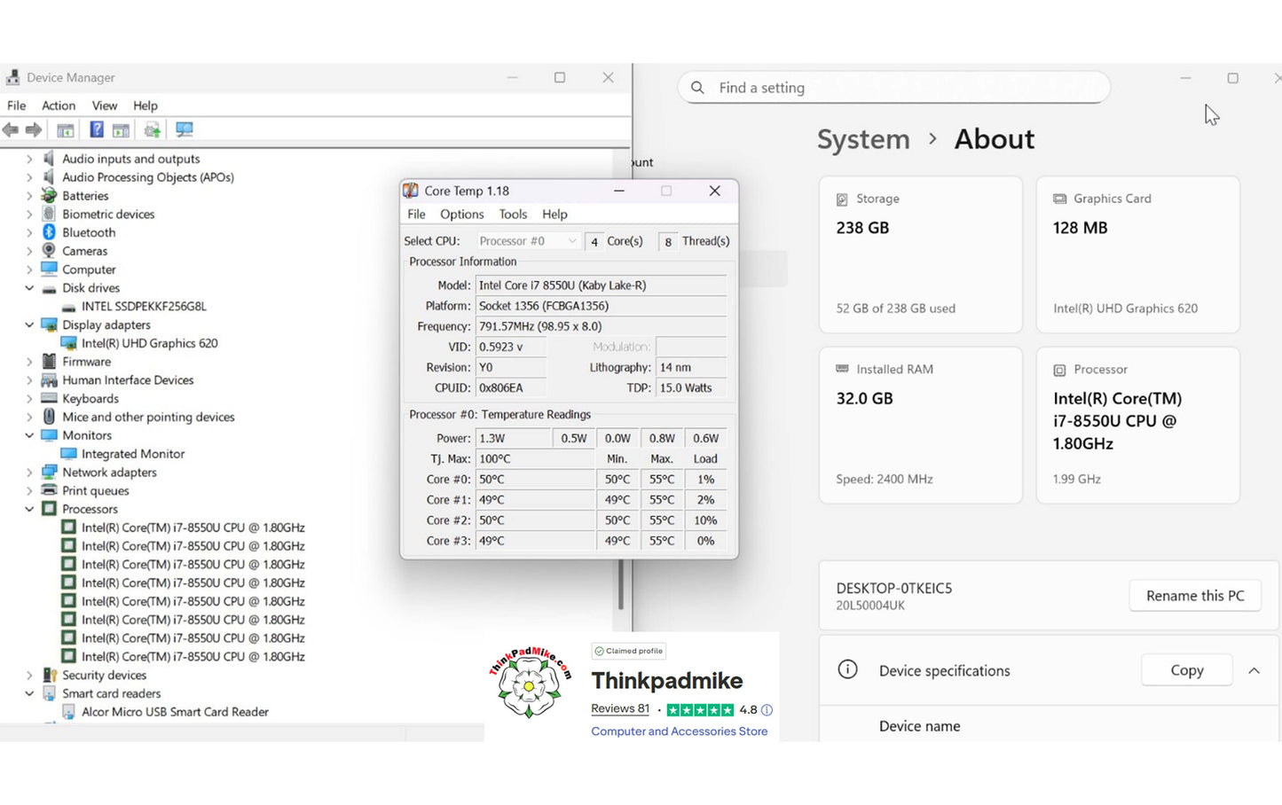Lenovo ThinkPad T480 i7 8550U 32GB RAM 256GB SSD IPS SCREEN (1307)