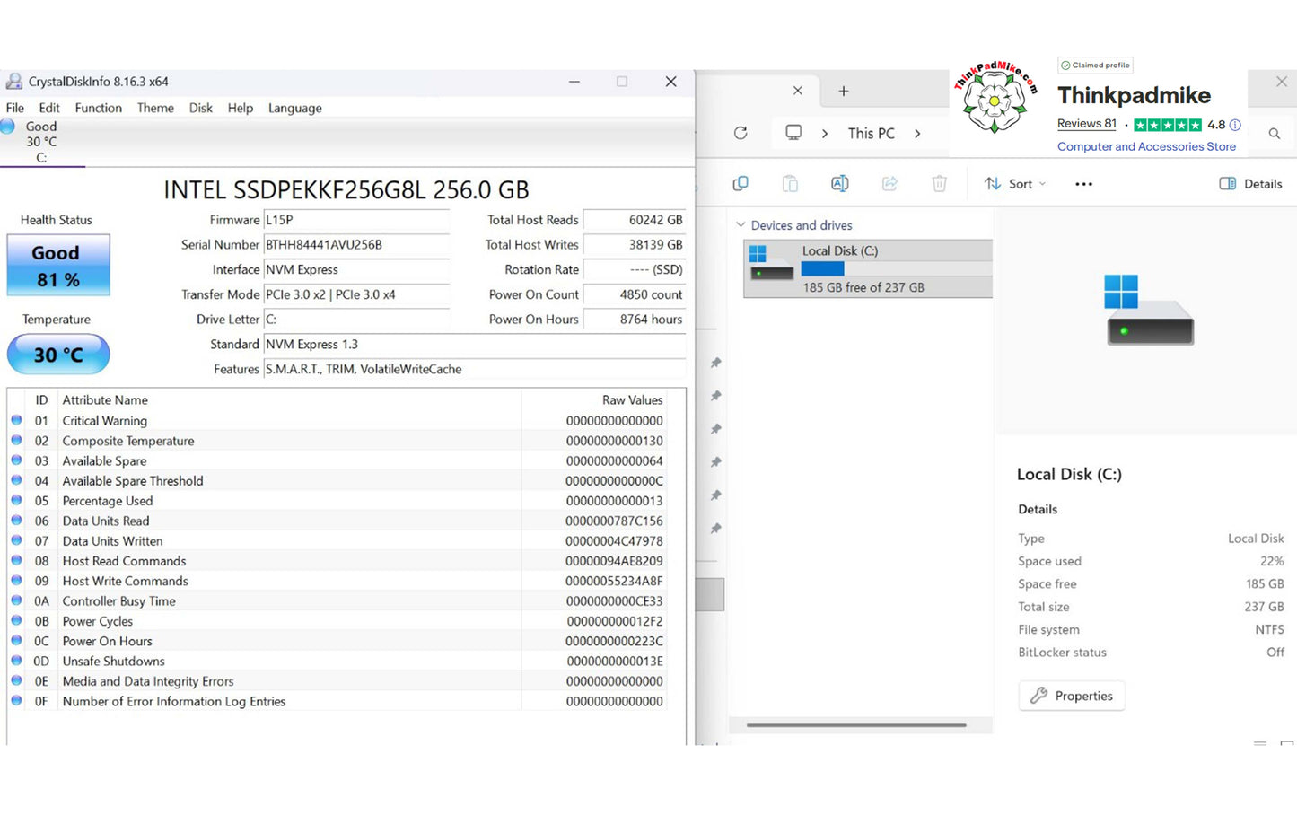 Lenovo ThinkPad T480 i7 8550U 32GB RAM 256GB SSD IPS SCREEN (1307)