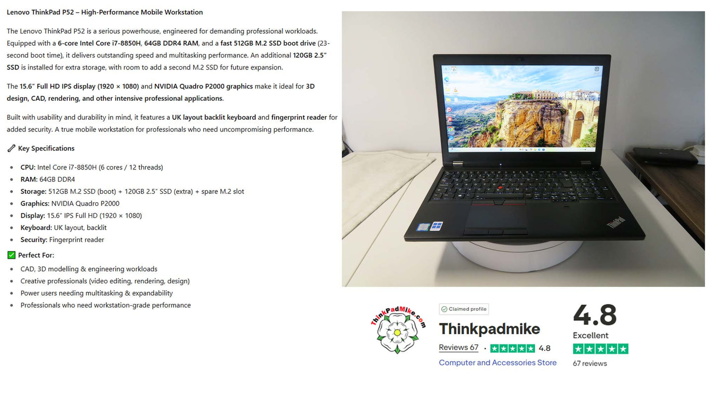Lenovo ThinkPad P52 i7 *HEX CORE* 8850H 2.6Ghz 64GB RAM 512GB + 120GB IPS B\L KB NVIDIA P2000 WIN11 (1151)