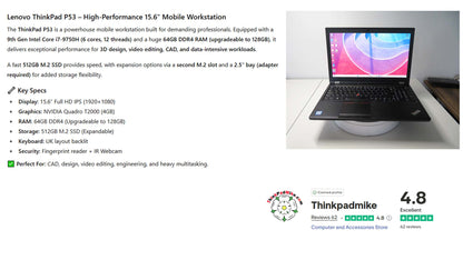 Lenovo ThinkPad P53 i7 *HEX CORE* 9750H 2.6Ghz 64GB RAM 512GB IPS B\L KB NVIDIA T2000 (1140)
