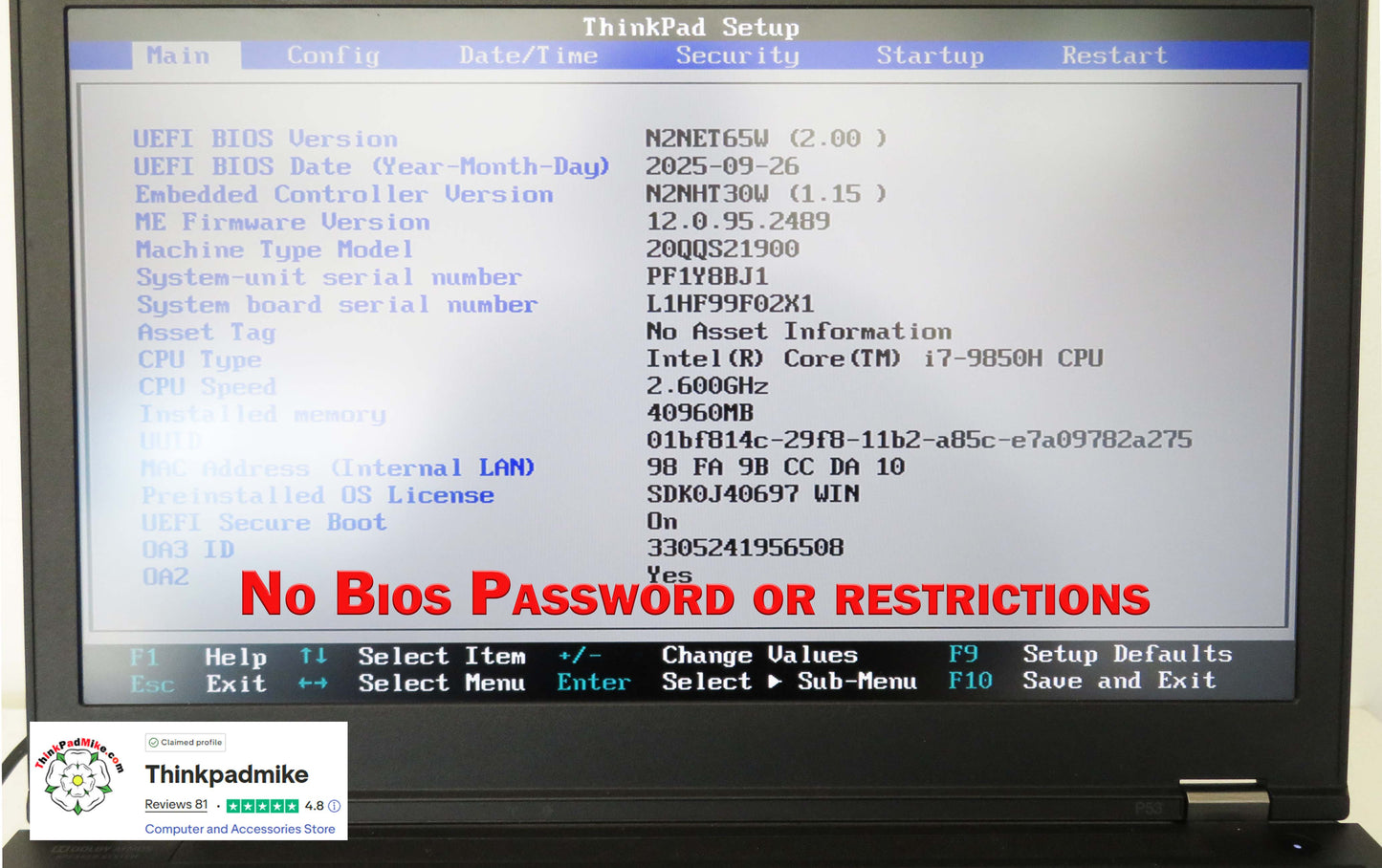 Lenovo ThinkPad P53 i7 *6 CORE* 9850H 2.6Ghz 40GB RAM 256GB + 512GB IPS B\L KB NVIDIA T2000 (1332)