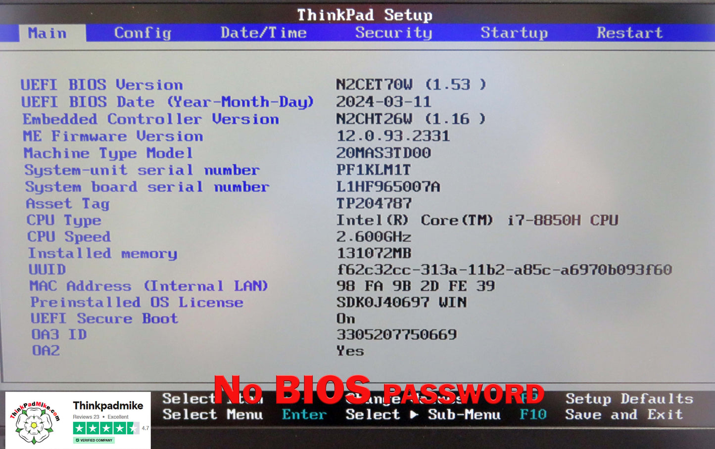 Lenovo ThinkPad P52 i7 *HEX CORE* 8850H 2.6Ghz 128GB RAM 512GB + 128GB + 500GB IPS B\L KB NVIDIA P2000 WIN11 (971)