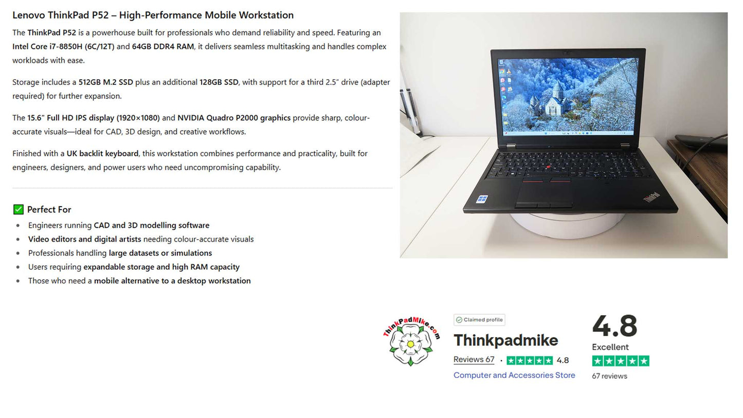 Lenovo ThinkPad P52 i7 *HEX CORE* 8850H 2.6Ghz 64GB RAM 512GB + 128GB IPS B\L KB NVIDIA P2000 WIN11 (1041)