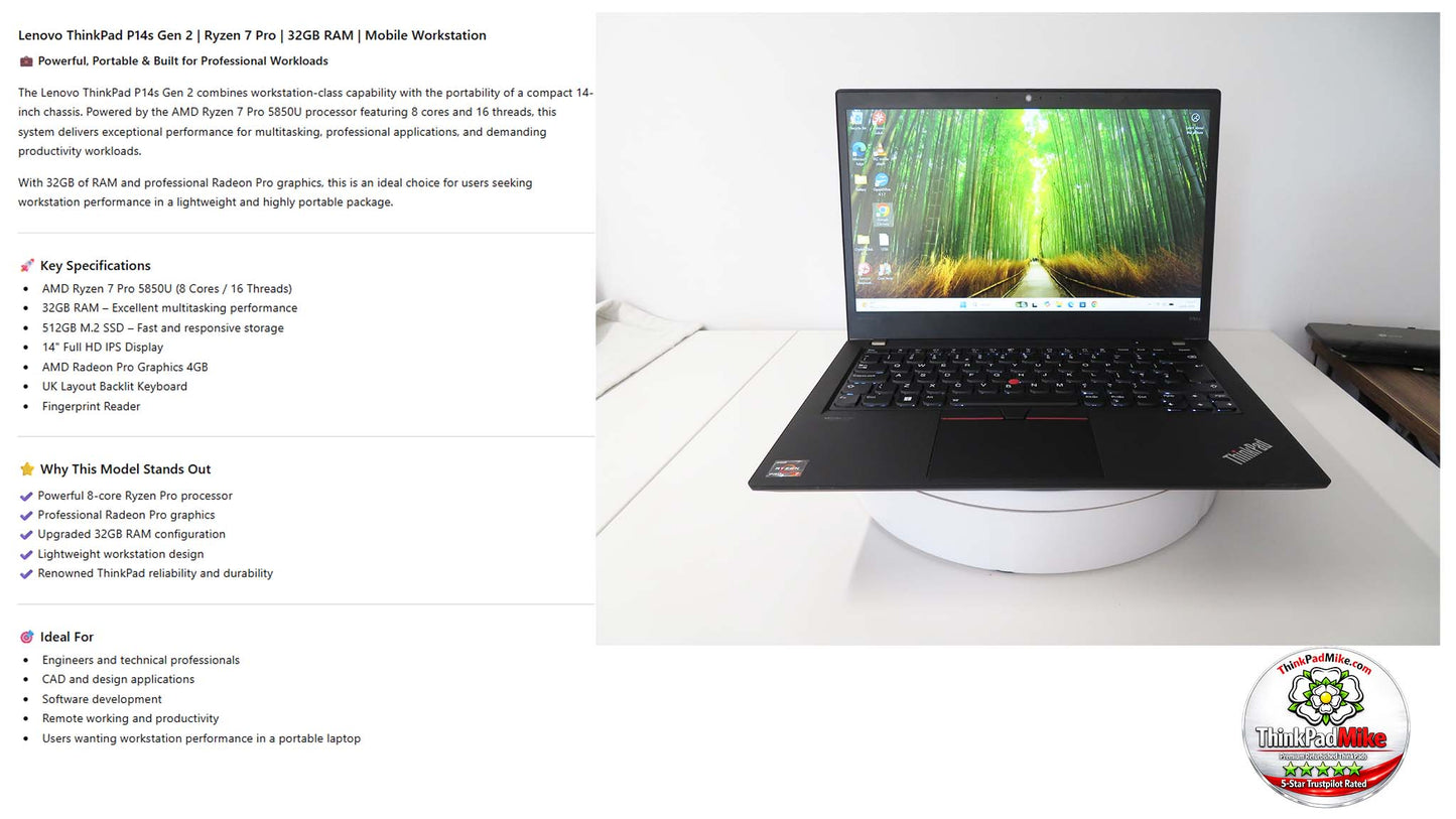 Lenovo ThinkPad P14s AMD Ryzen 7 Pro 8 Core 32GB RAM 512GB SSD IPS Screen (1356)