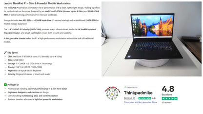 Lenovo ThinkPad P1  i7 *HEX CORE* 8750H 2.2Ghz 32GB RAM 256GB +256GB SSDs IPS B\L KB NVIDIA P1000 (1155)