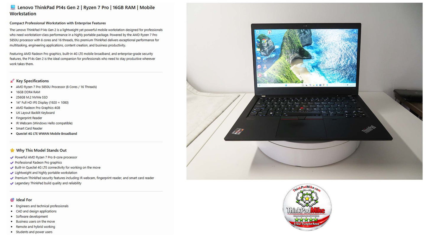 Lenovo ThinkPad P14s AMD Ryzen 7 Pro 8 Core 16GB RAM 256GB SSD IPS Screen (1372)