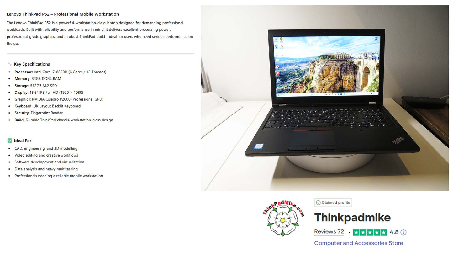 Lenovo ThinkPad P52 i7 *6 CORE* 8850H 2.6Ghz 32GB RAM 512GB SSD IPS B\L KB NVIDIA P2000 (1270)