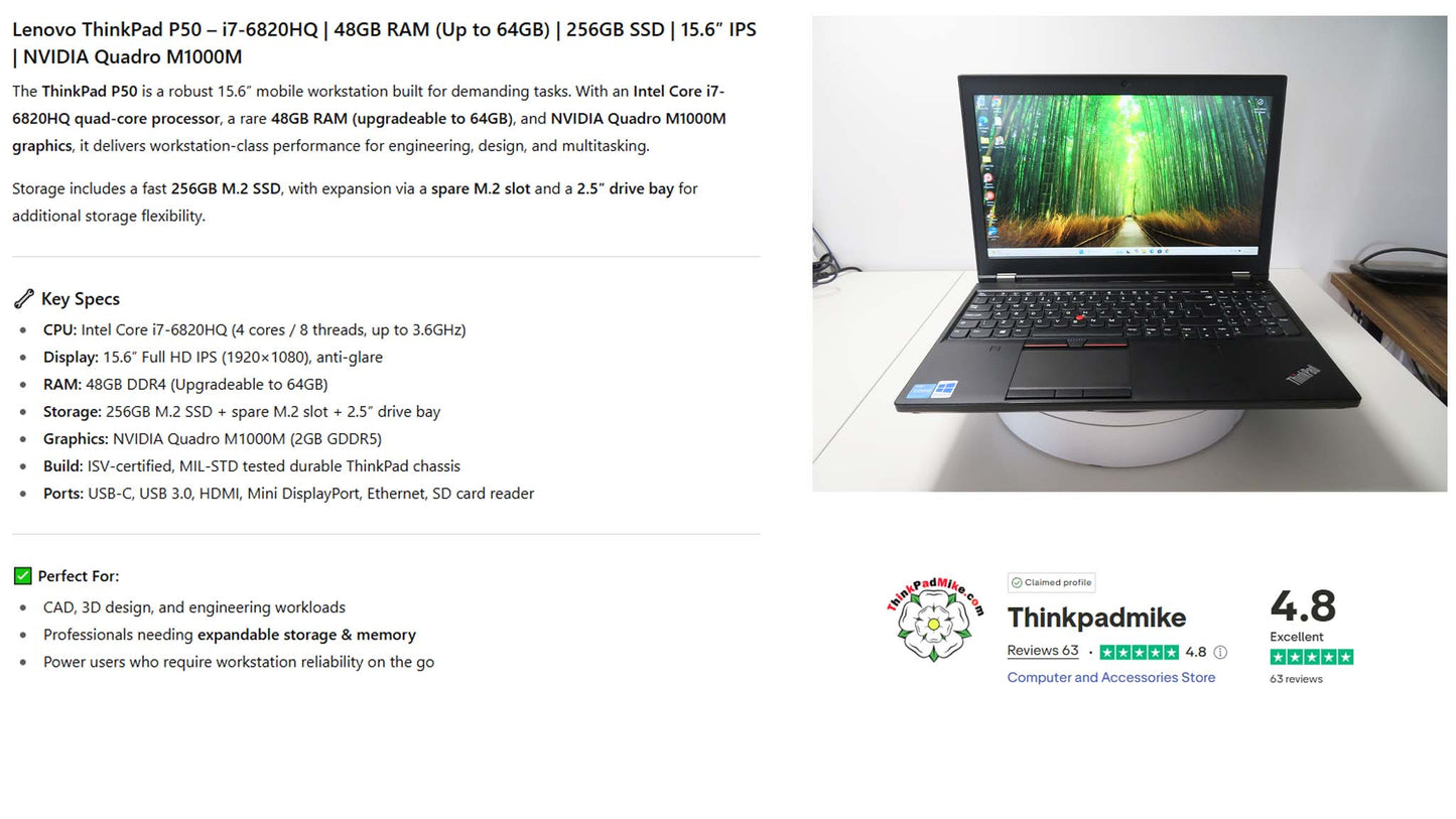 Lenovo ThinkPad P50 i7 6820HQ 48GB RAM 256GB SSD IPS NVIDIA M1000M (1105)