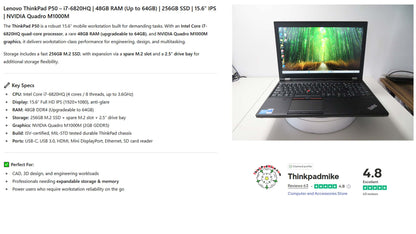 Lenovo ThinkPad P50 i7 6820HQ 48GB RAM 256GB SSD IPS NVIDIA M1000M (1105)