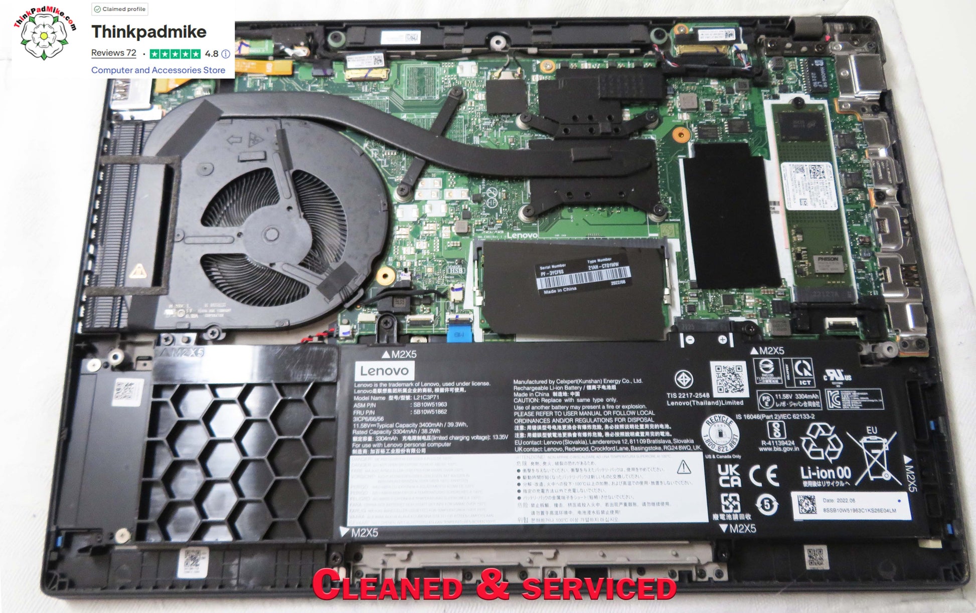 Lenovo laptop with components exposed, showing 'Cleaned & Serviced' text.