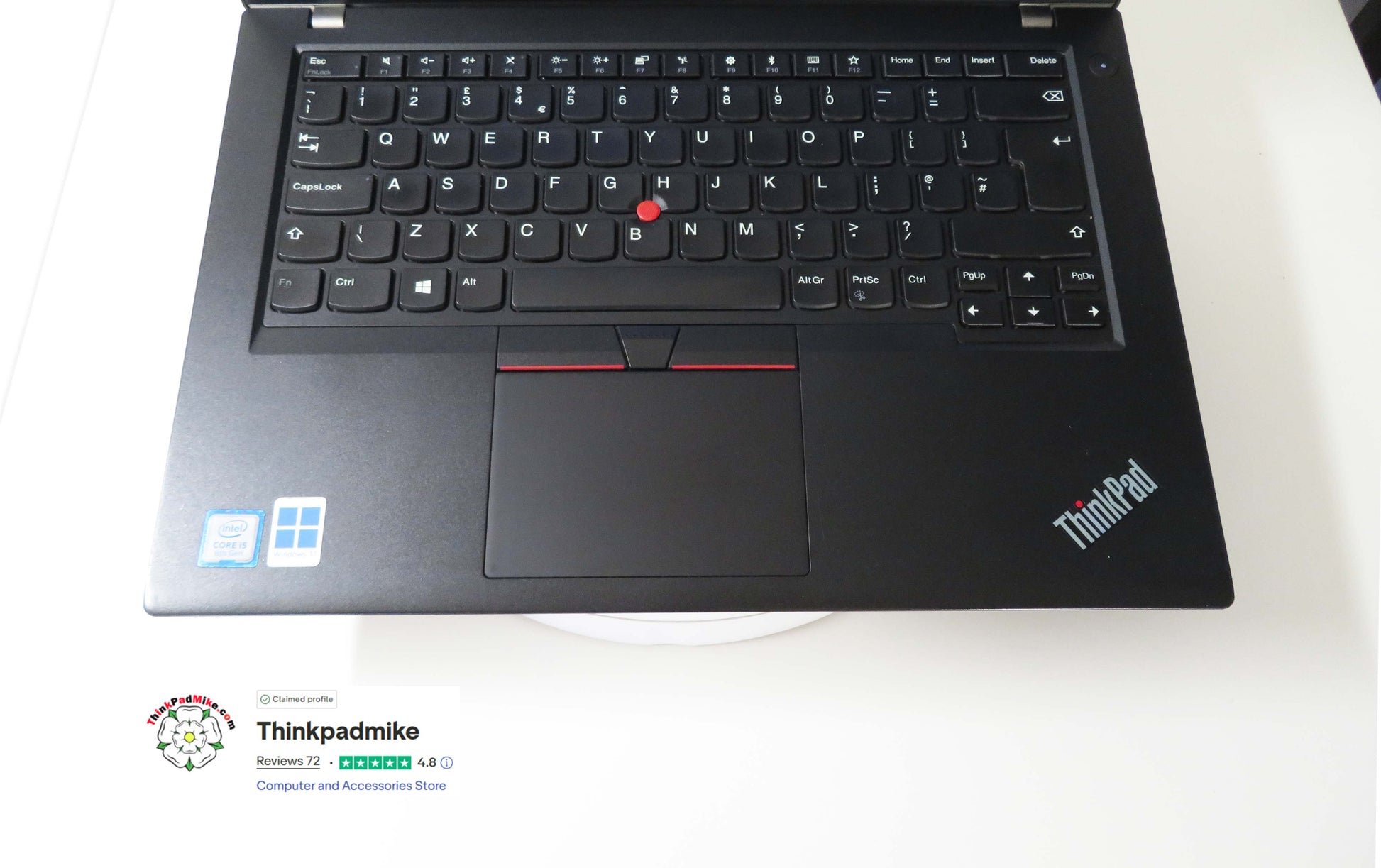 ThinkPad T480 keyboard close-up showing TrackPoint