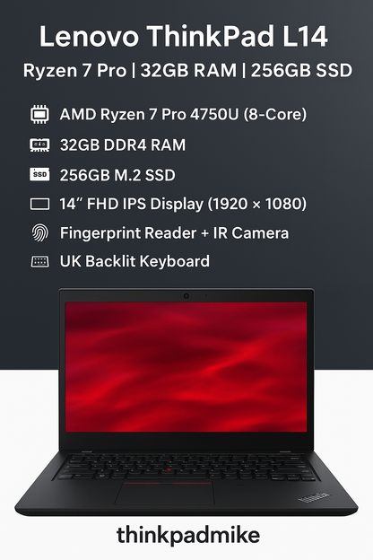 Lenovo ThinkPad L14 AMD Ryzen 7 Pro 8 CORE 32GB RAM 256GB SSD IPS FHD SCREEN (1206)
