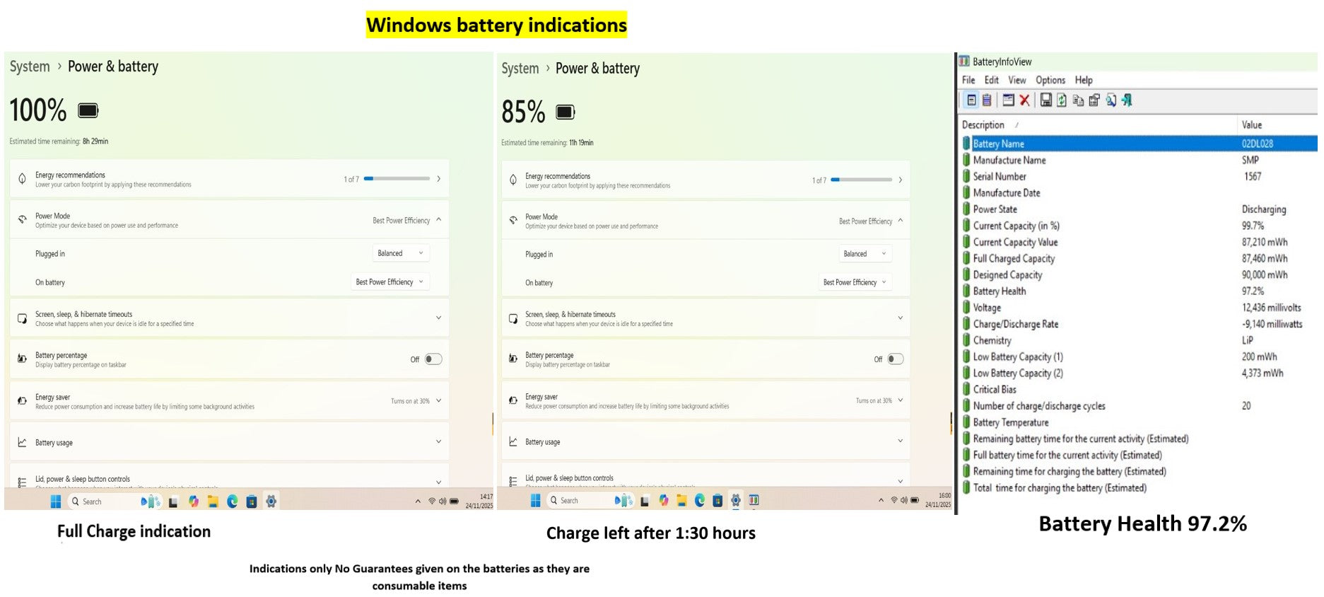 Computer screen displaying battery health and usage indicators with a focus on Windows operating system.
